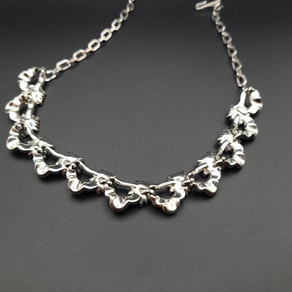 Coro Signed Silver Floral Choker Necklace with Irridescent Blue Crystals - Picture 6 of 7